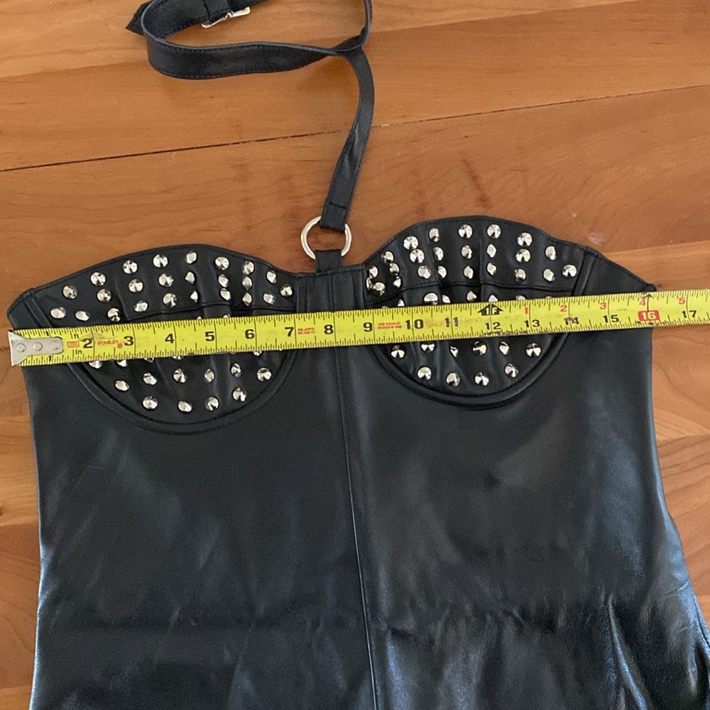 Studded Strapless Black Leather Mini Dress - Picture 7 of 16